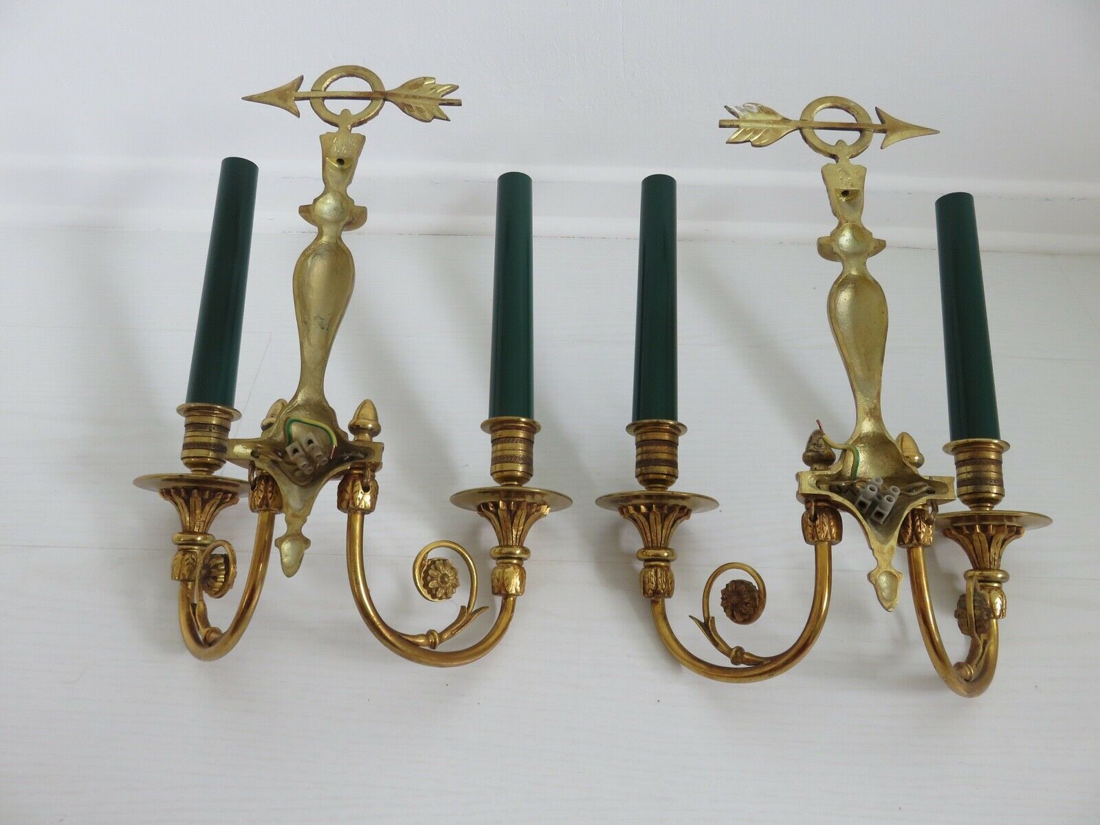 Pair of double wall lamps directoire style Lucien Gau in solid bronze gilded with bright gold