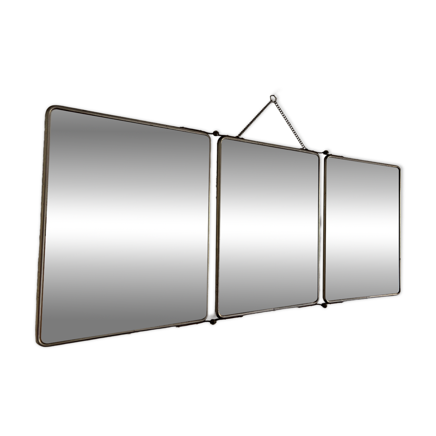 Miroir triptyque de barbier en simili cuir bleu, 1950