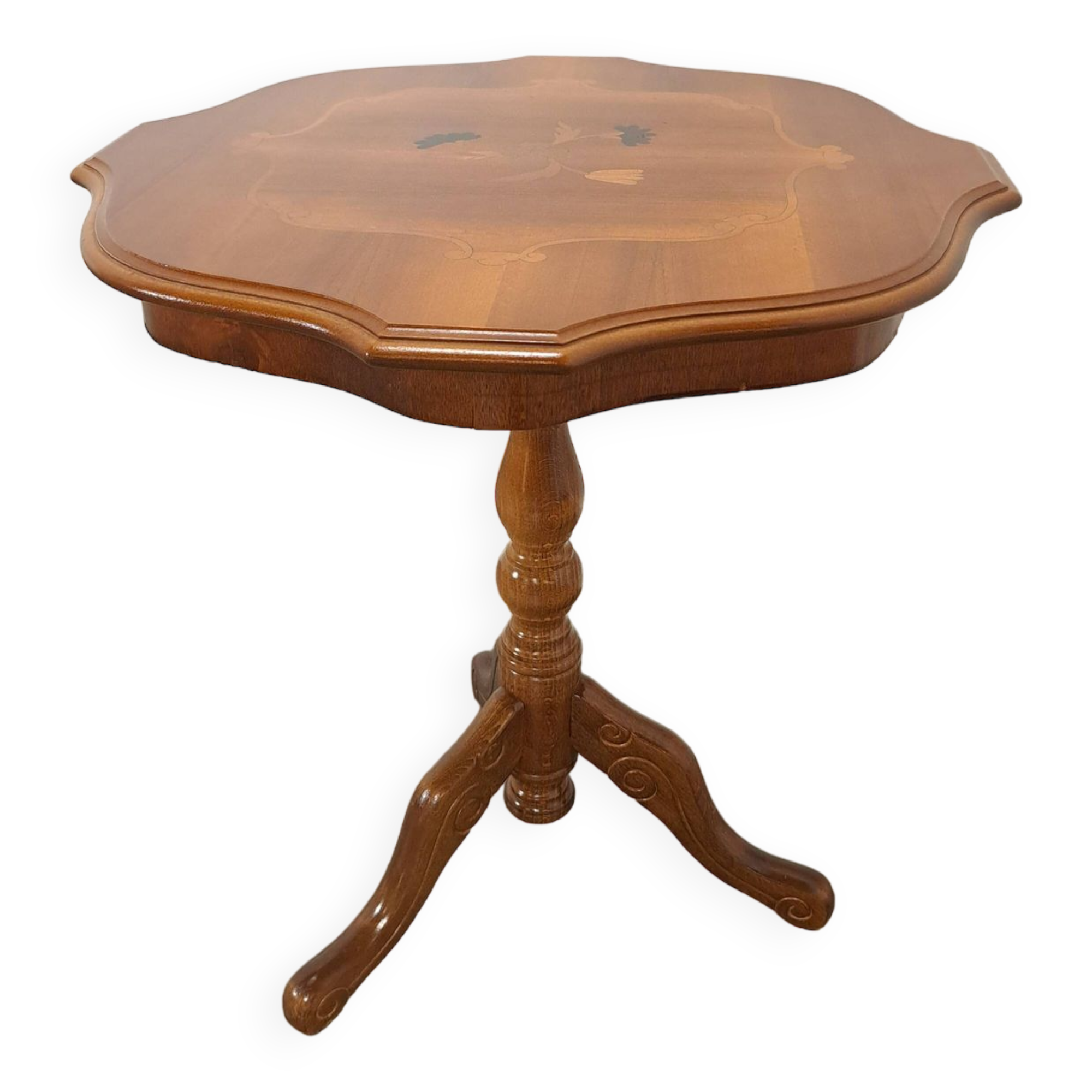 Round vintage wooden side table with inlaid veneer