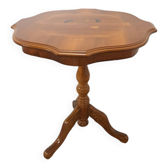 Round vintage wooden side table with inlaid veneer