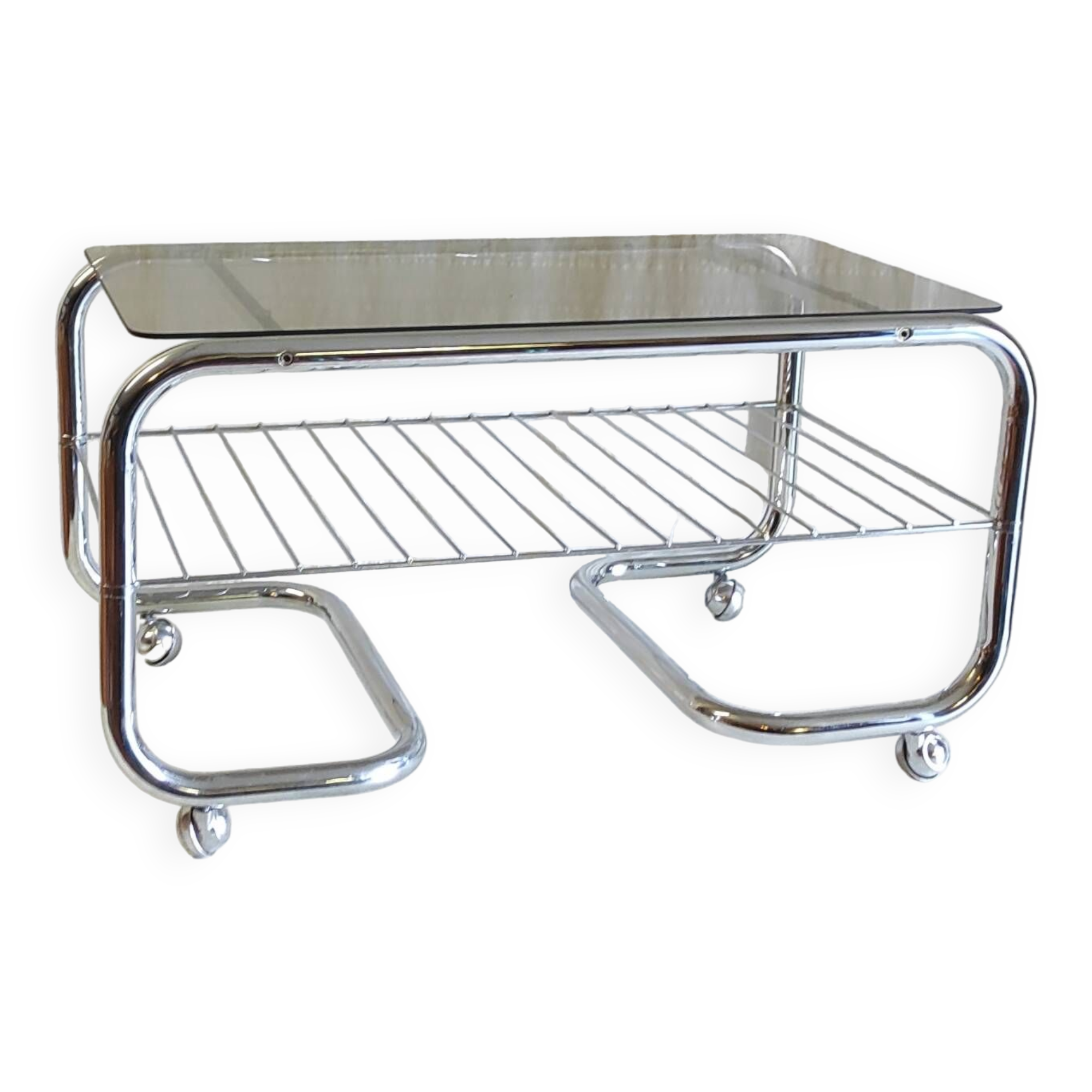 Coffee table tubular chrome structure and smoked glass - 1970s