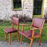 Pair chair/armchair wood and burgundy skaï, 50s