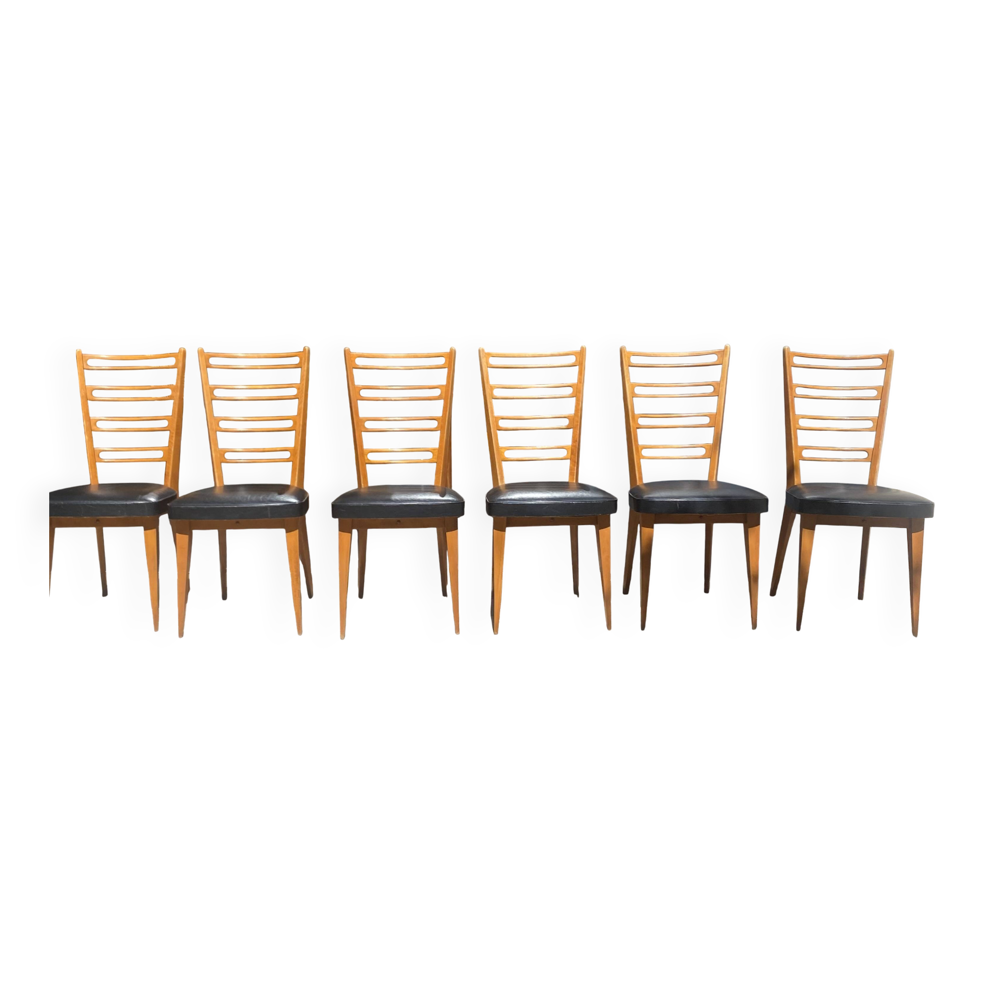 6 chaises bois et skaï noir années 60