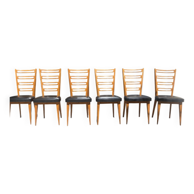 6 chaises bois et skaï noir années 60
