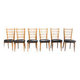 6 chaises bois et skaï noir années 60