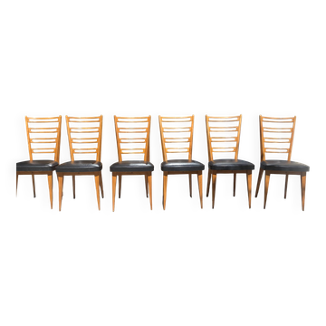 6 chaises bois et skaï noir années 60