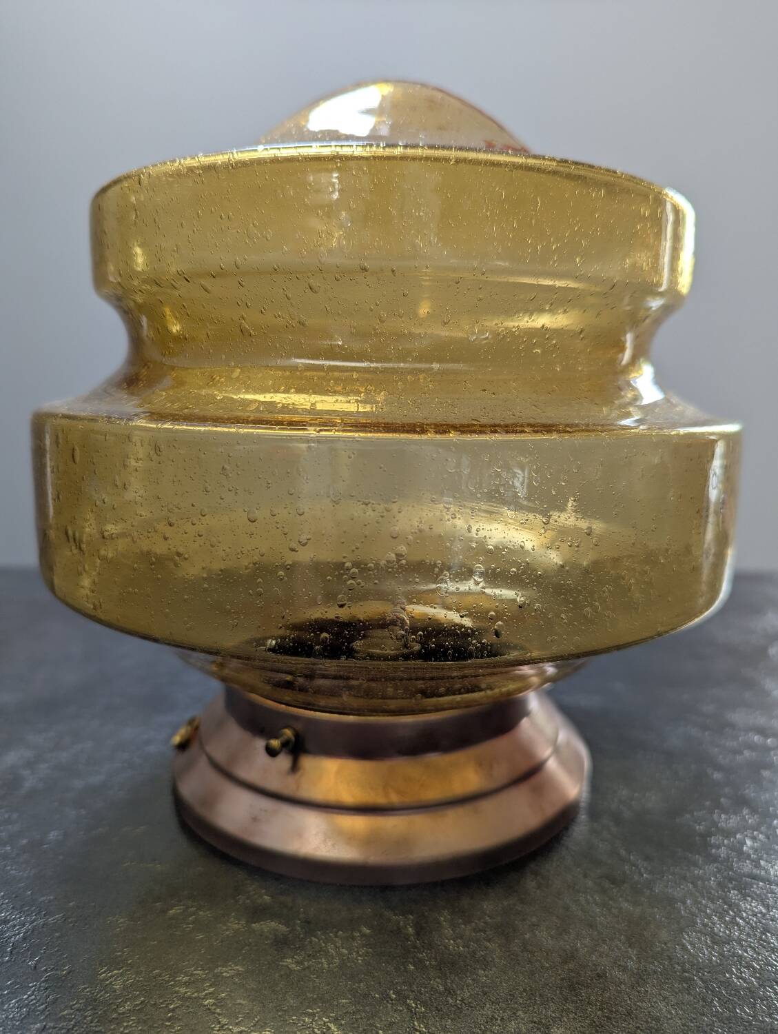 Vintage table lamp with amber bubble glass globe, Bauhaus Art Deco.