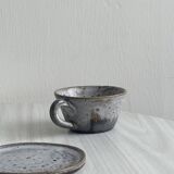 Handmade stoneware coffee set, 6 cups, saucers and sugar bowl, natural tones