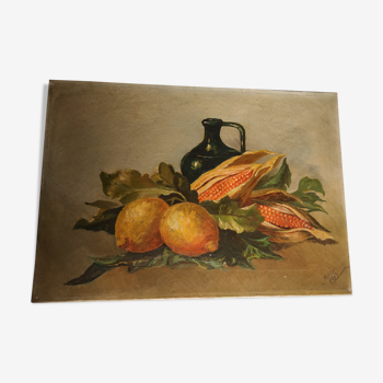 Huile sur toile nature morte aux fruits