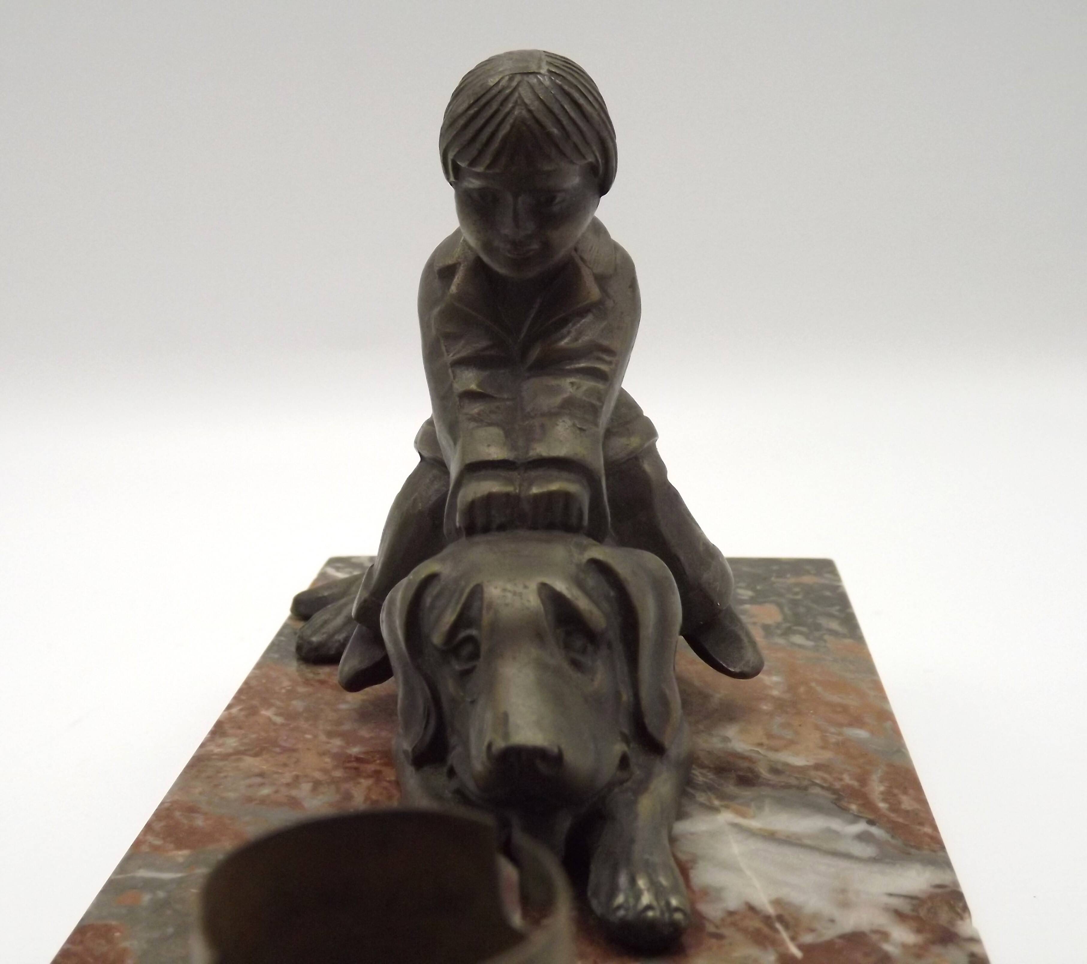 French Art Deco Table Lamp Vintage Dog & Child Figure Opaline Glass Shade