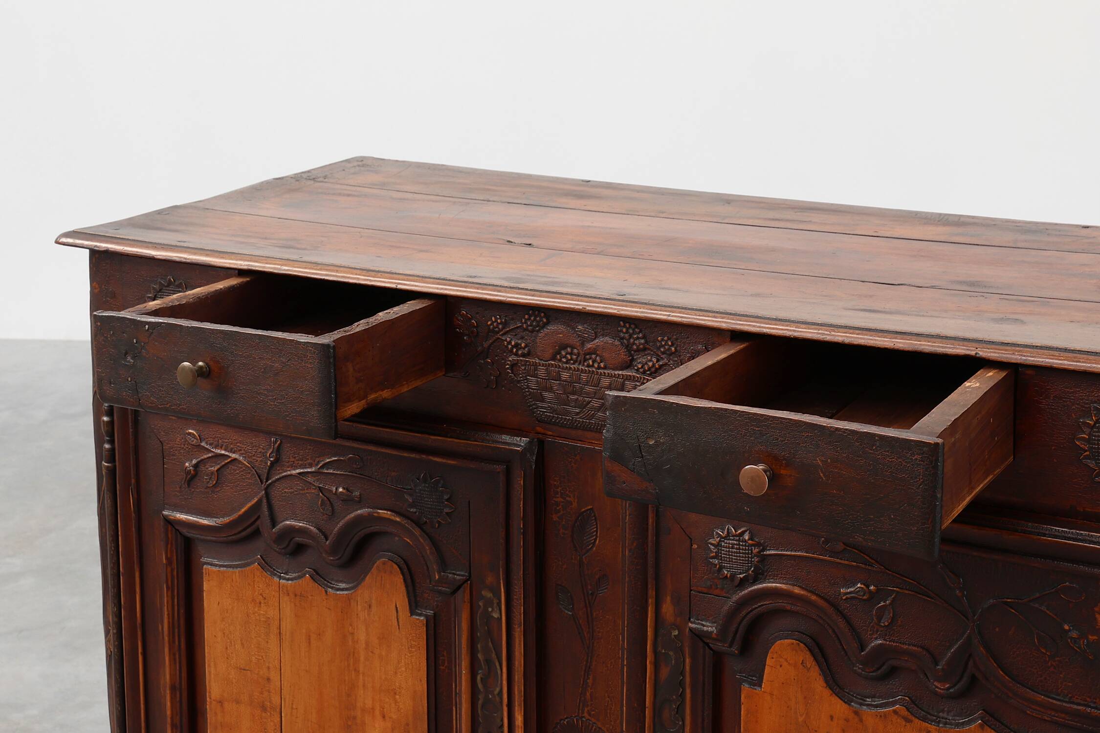 Rare French provincial carved cabinet or buffet with great patina, dated 18