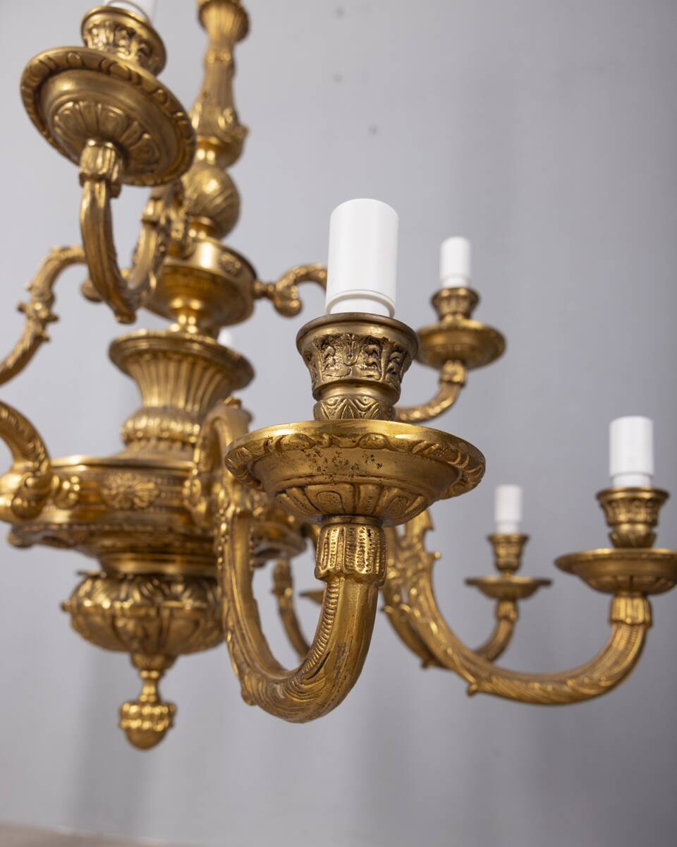 Classic 12 light golden bronze chandelier from the mid-20th century