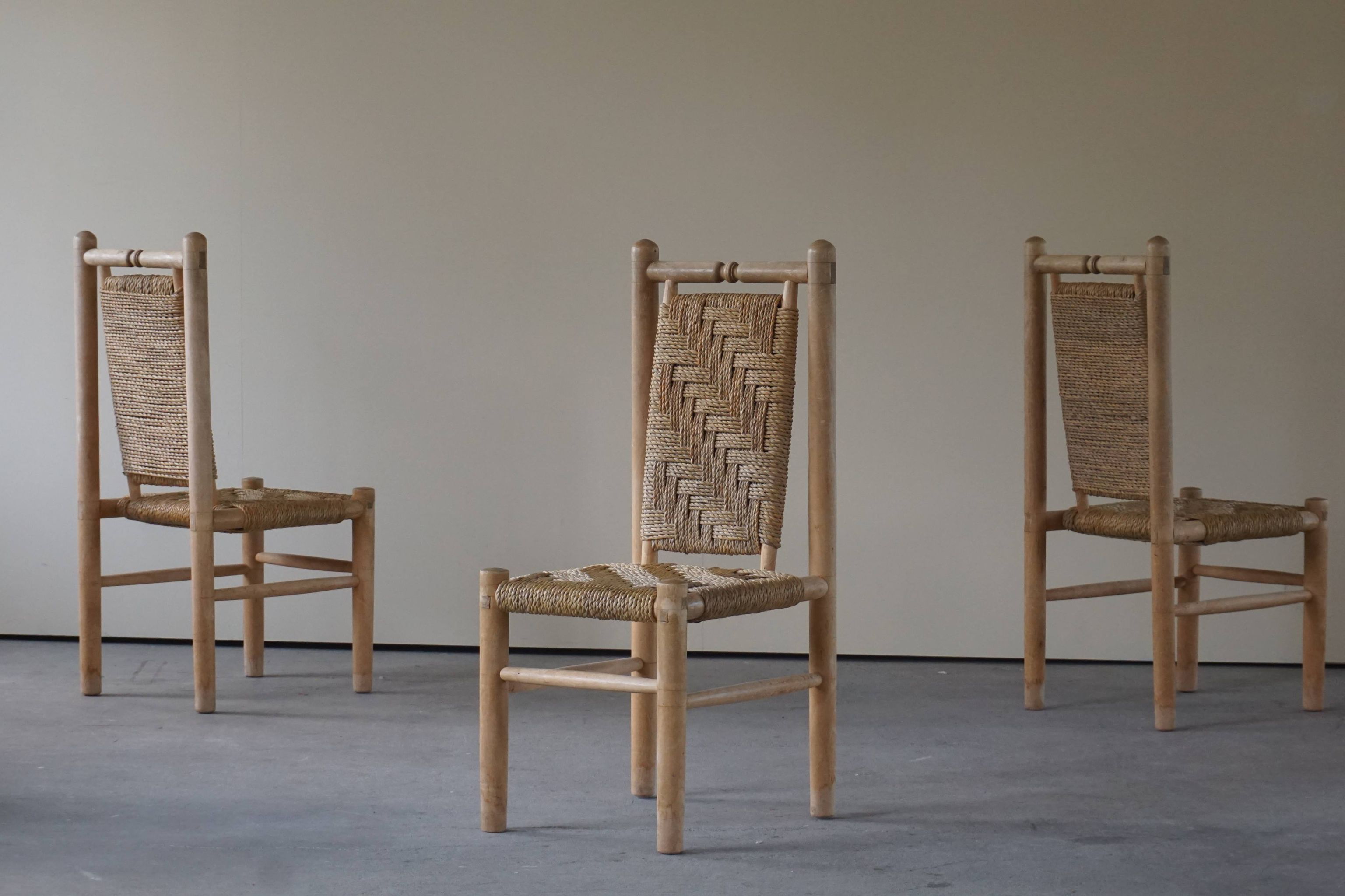 Set of 6 French Mid Century Naturalist Woven Highback Chairs in Solid Elm, 1960s