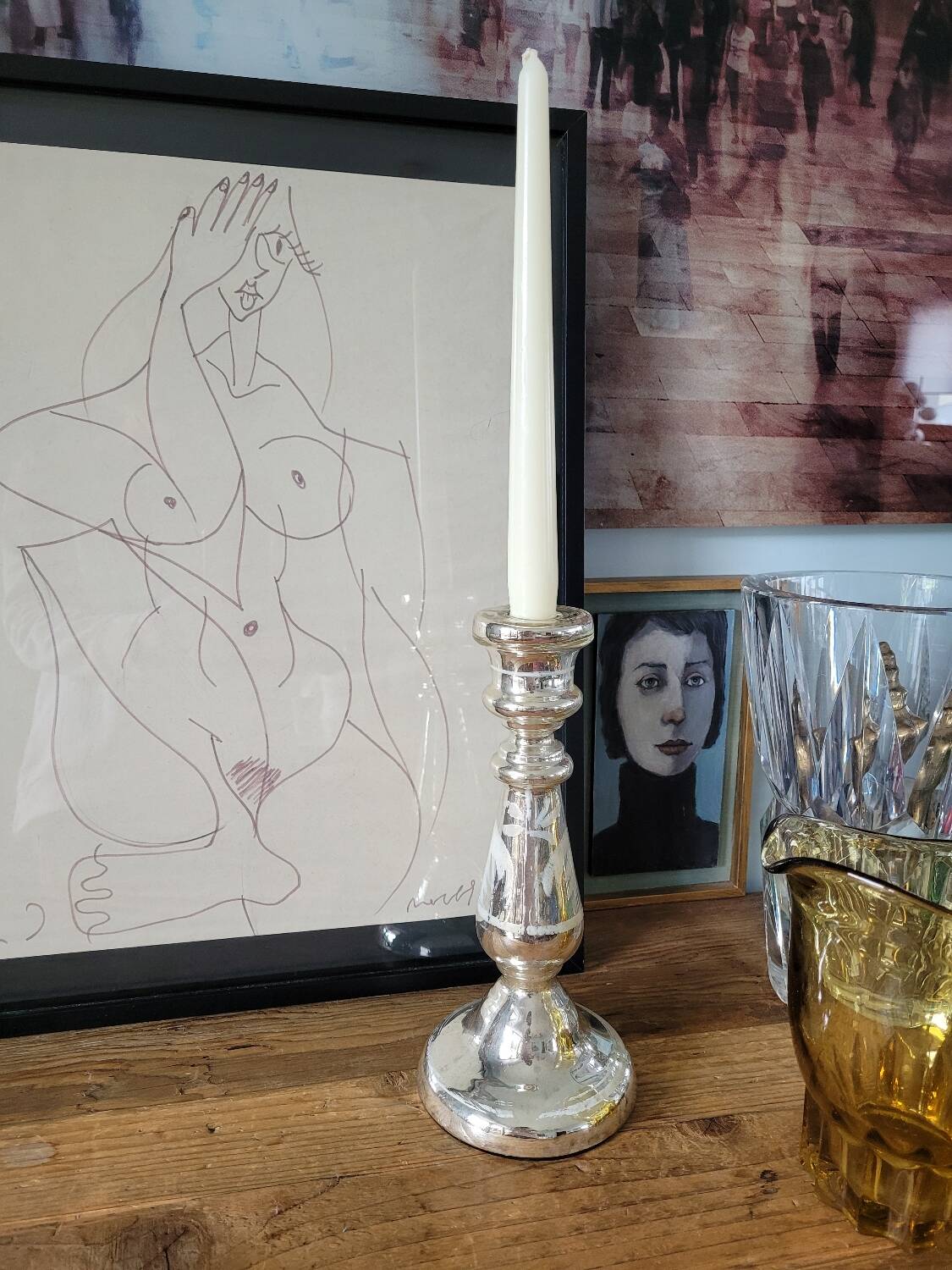 Eglomized mercurized glass candle holder