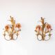 Pair of Italian wall lights in gold metal with flowers and leaves (50 cm)