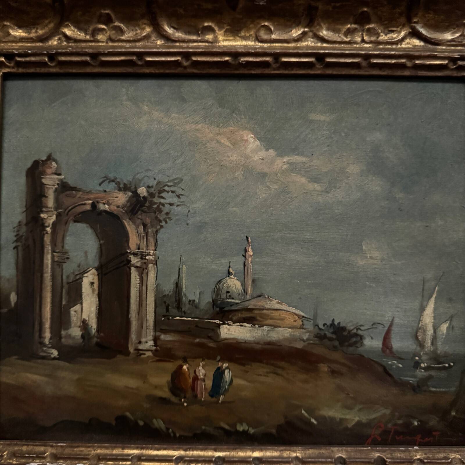 Oil on panel depicting a port from the early 20th century