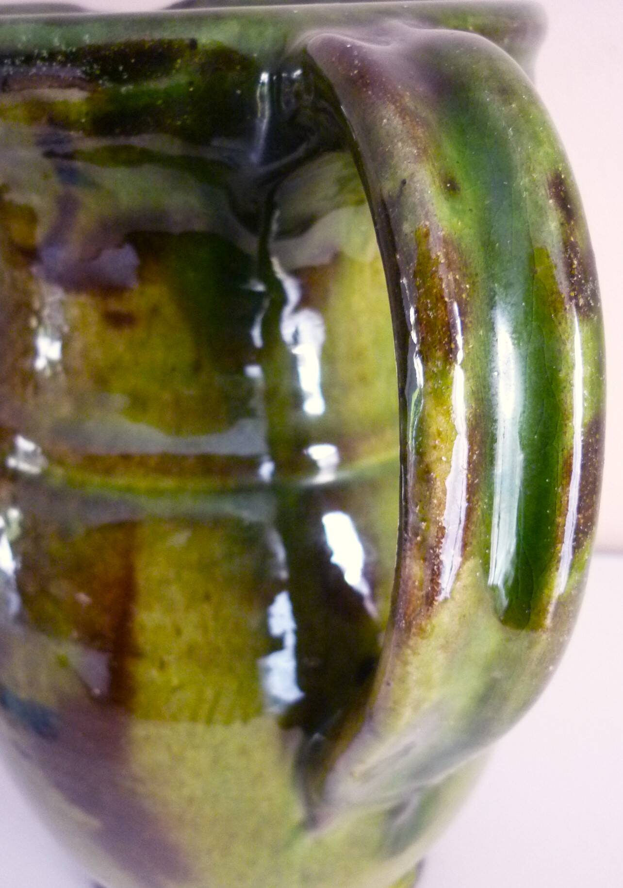 Pitcher vase, thick green glazed terracotta, signature to be identified