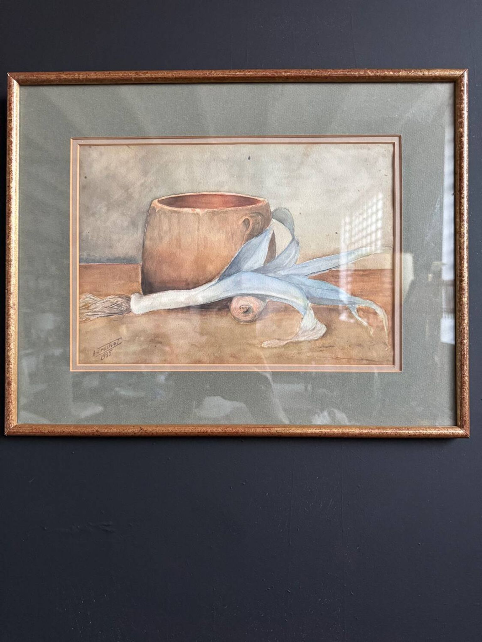 Aquarelle nature morte poireau ancienne 