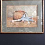 Aquarelle nature morte poireau ancienne 