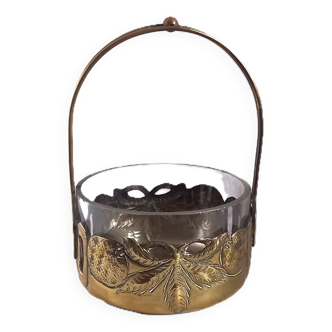 Art Nouveau Jugendstil Sugar Bowl in Gold Metal with Glass Bowl