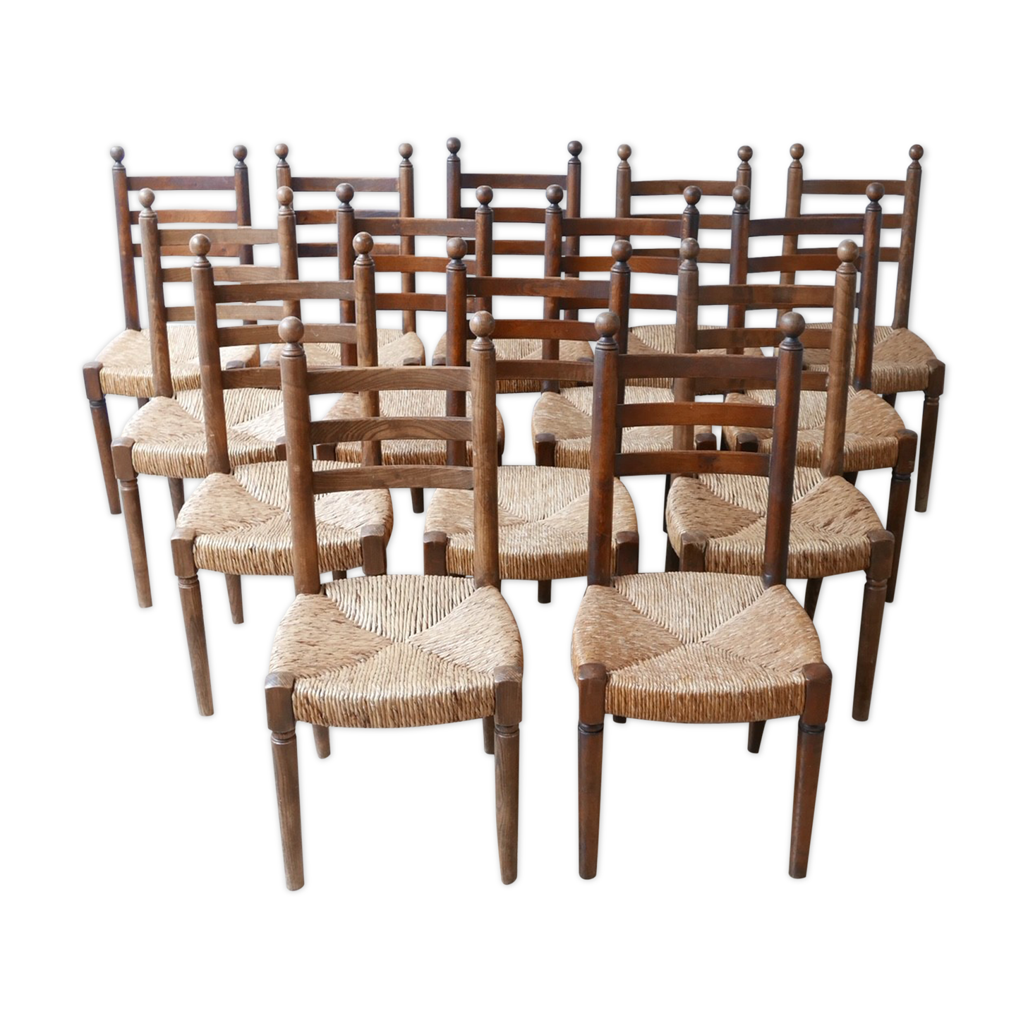 Set of 14 mid-century french rush farmhouse dining chairs