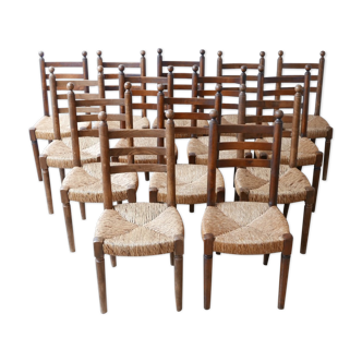 Set of 14 mid-century french rush farmhouse dining chairs