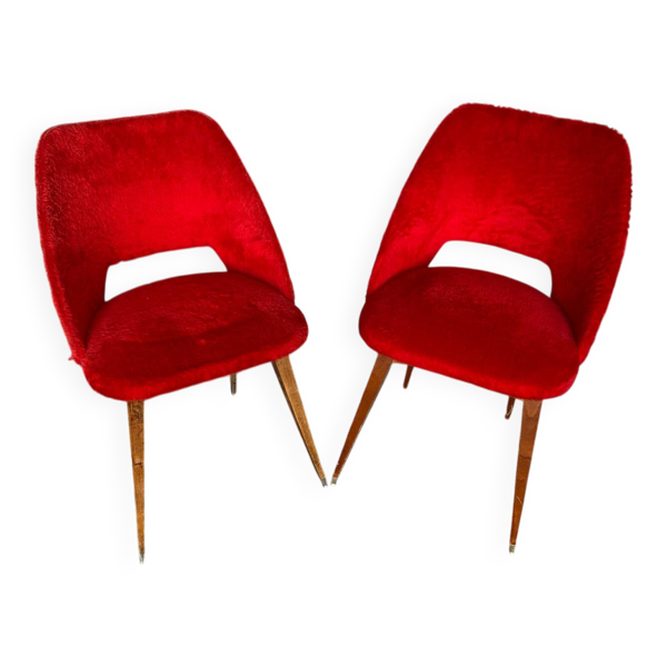 Paire chaise achille decommere moumoute rouge + pieds compas bois vint