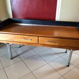 Teak and imitation leather sideboard with 2 drawers