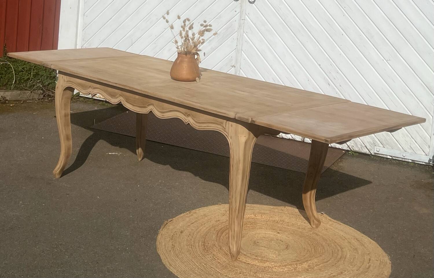 Large antique table in raw solid wood with 2 extensions for 8 to 12 people
