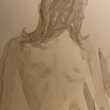Tableau signé, aquarelle monochrome portait féminin « devant le chevalet »