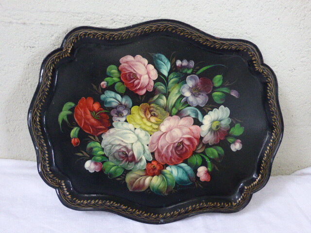 Bohemian and folk this metal tray painted with multicoloured flowers painted hand, russian vintage
