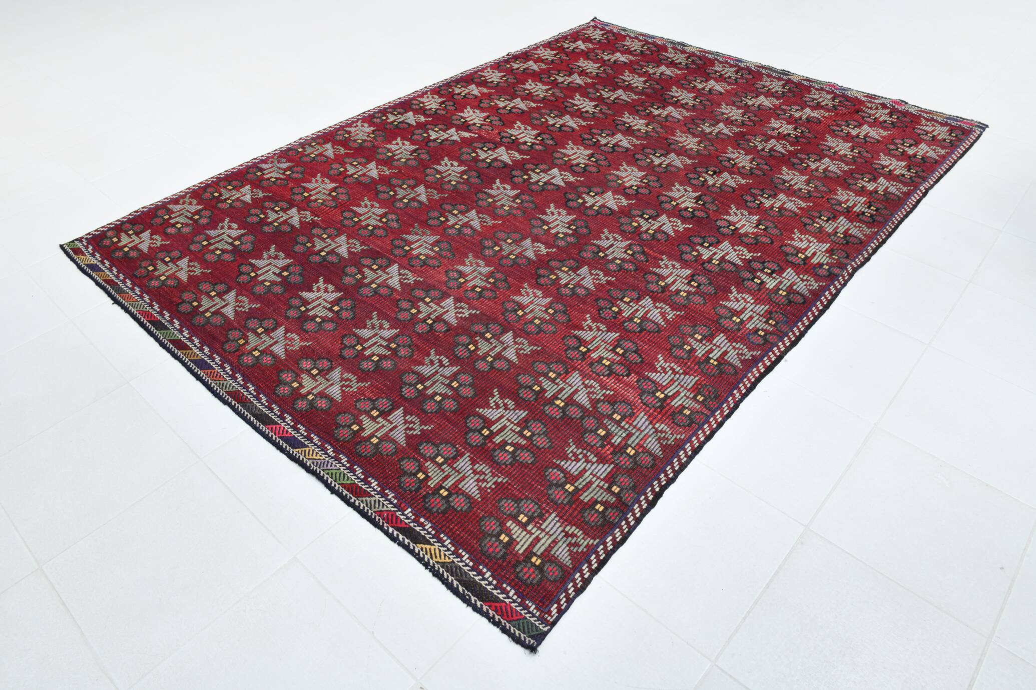 7x10 Kilim Wine Red Turkish Kilim Rug, 218x311Cm