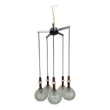Suspension cascade scandinave, 5 globes verre moulé et teck, années 60