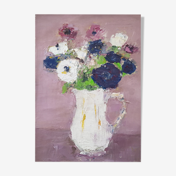 Peinture de Nagao Usui "Bouquet de fleurs au pichet blanc"