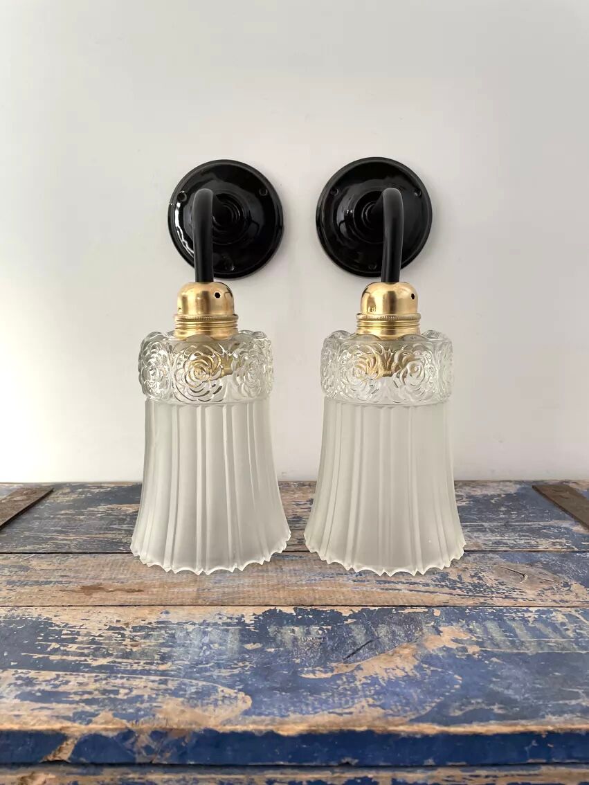 Paire d’appliques vintage en verre ciselé Art Déco
