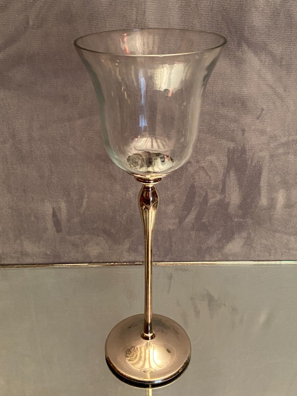 Glass photophore on high metal foot with silver patina