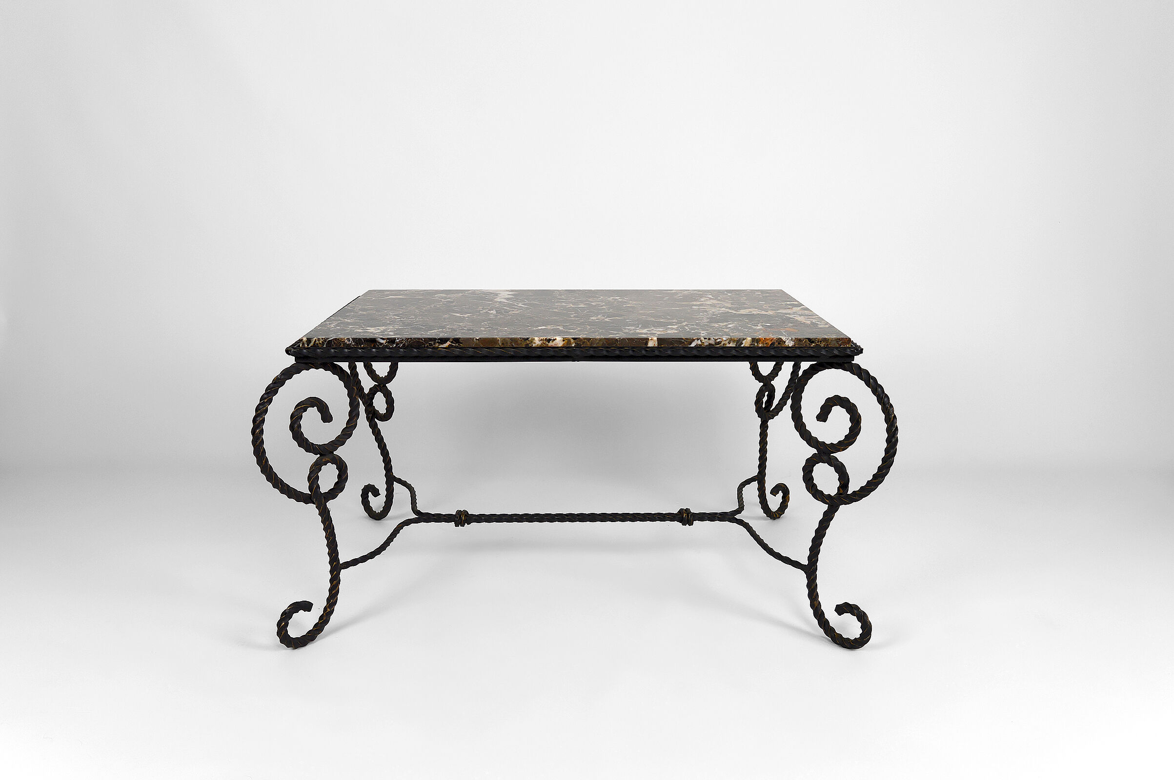 Coffee table in patinated wrought iron and marble, circa 1940