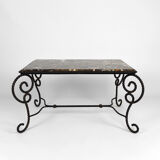 Coffee table in patinated wrought iron and marble, circa 1940