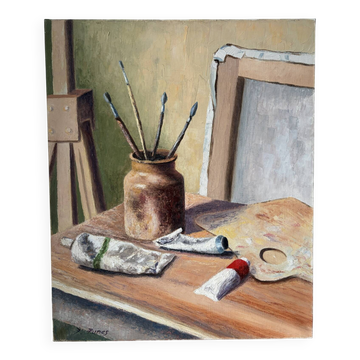 Artist studio, oil on canvas signed D Funes.
