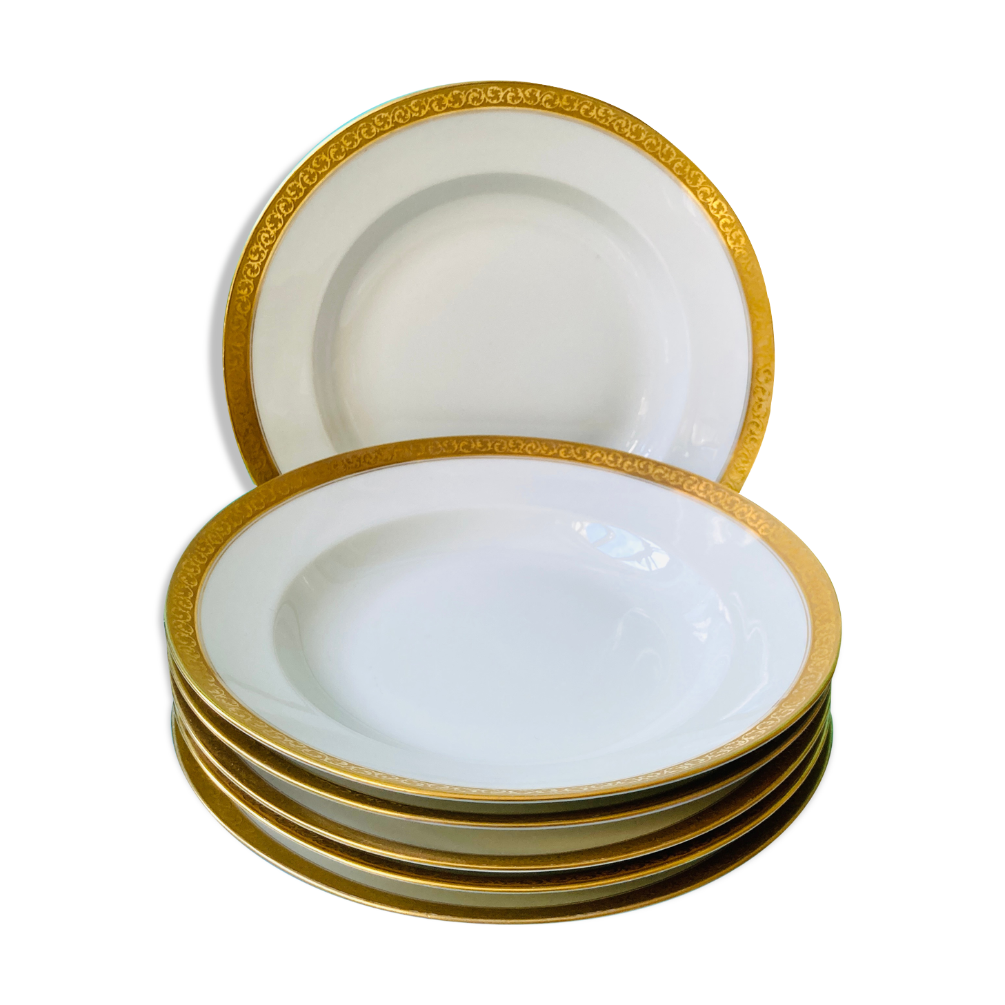 Lot 6 GDA white hollow plates golden edge 50s