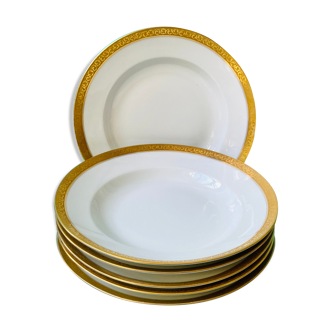 Lot 6 assiettes creuses GDA blanche bord doré années 50