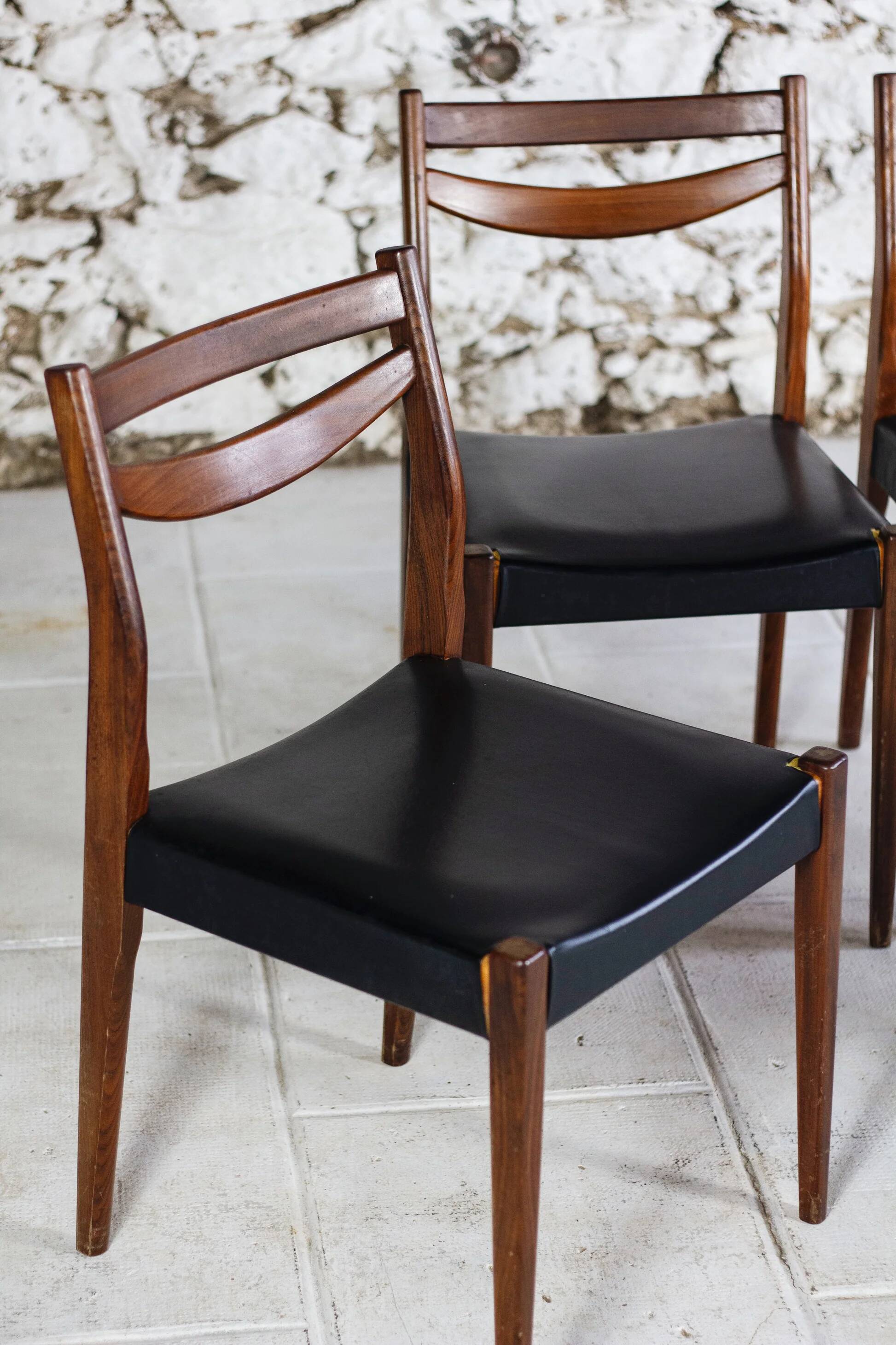 4 vintage Scandinavian chairs in teak and imitation leather, 1960