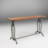 French bistro table with elegant metal base and oak top, ca. 1890