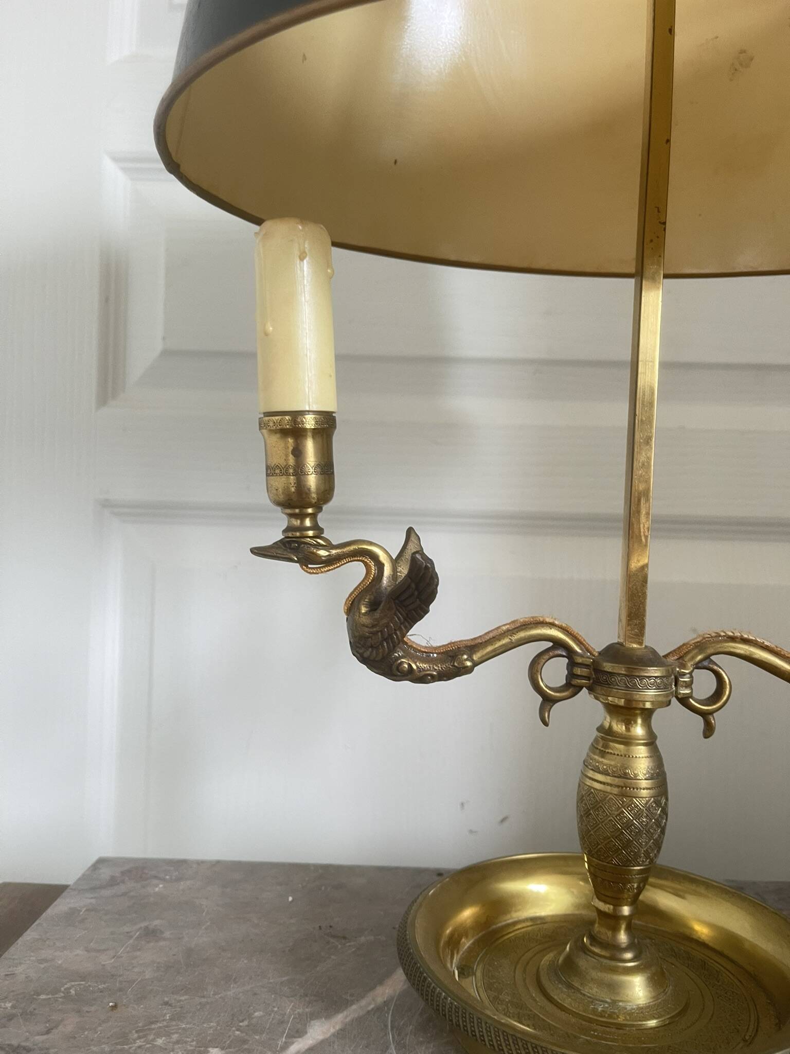 Antique Bouillotte Lamp 2 Lights Swan Lucien Gau Gilded Bronze Empire Napoleon