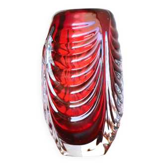 Mid-century modern handmade crystal vase in a bright red colour