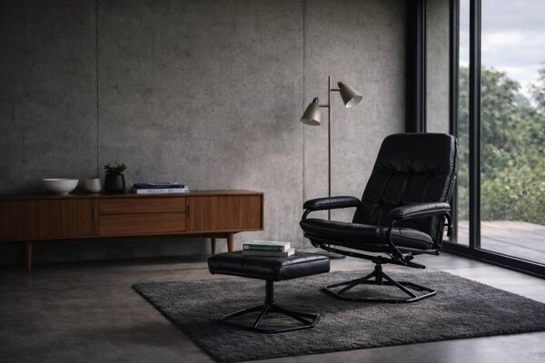 Vintage Mid-Century Danish Modern Black Leather Swivel Chair & Ottoman