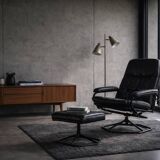 Vintage Mid-Century Danish Modern Black Leather Swivel Chair and Ottoman