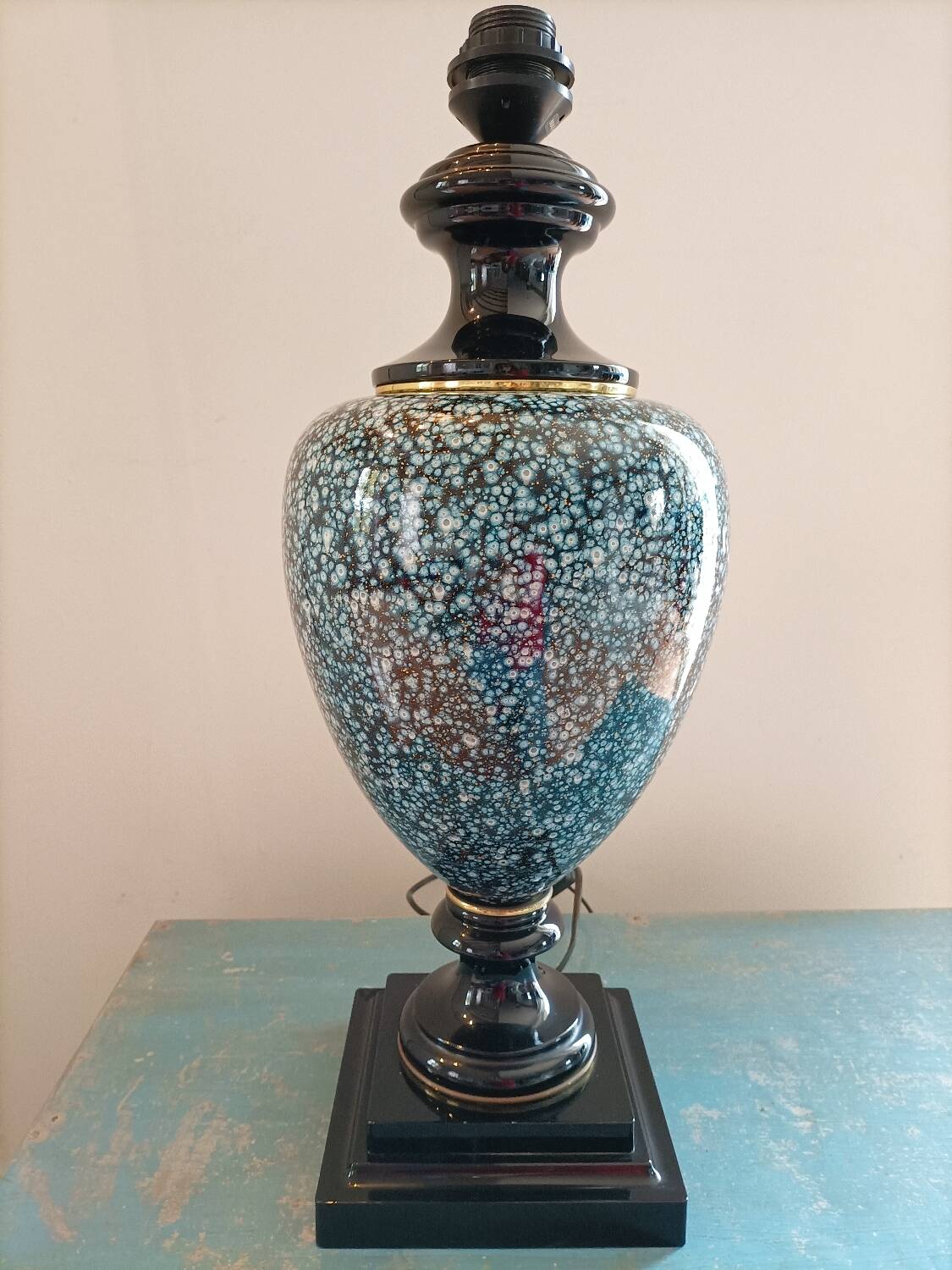 Large ceramic lamp base in blue, gold and black