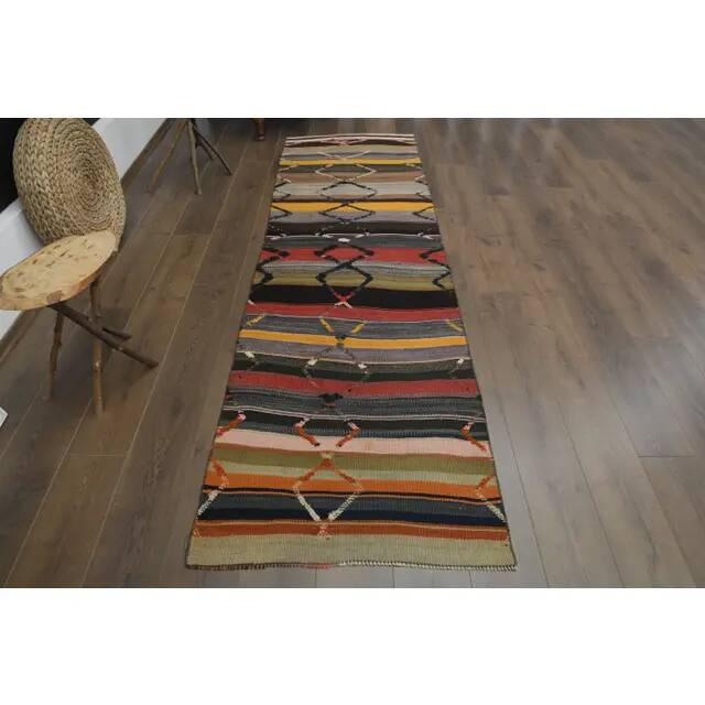 1970s Vintage Turkish Oushak Handmade  Colorful Runner Rug 84x275