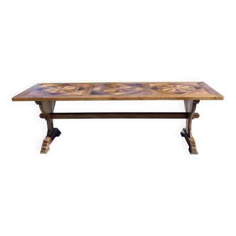Monastery table from the 1930s, inlaid top and oak base